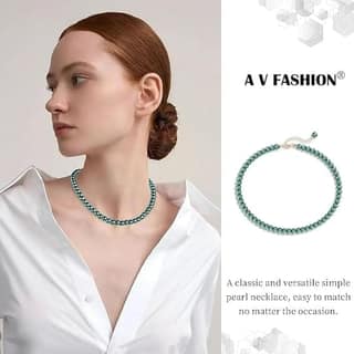 MANBHAR GEMS - Faux Pearl Necklace For Girl and Women Green Pearl Necklaces for Women, 8MM Beaded Choker Necklace 1 Layer Beaded Mala Fashion Jewellery