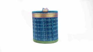 Blue and Green Handwoven Cylindrical Wicker Basket with Lid
