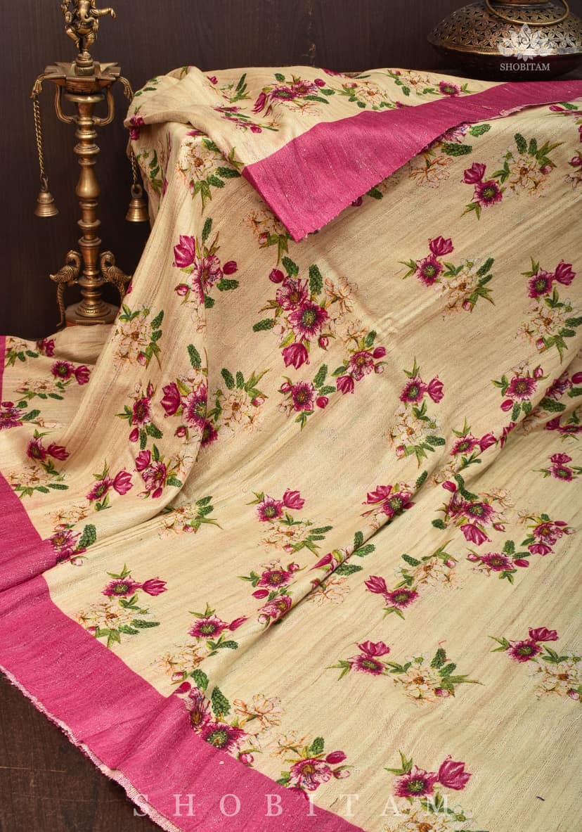 Geecha Raw Tussar Silk Saree with Floral Digital Print in Beige | SILK MARK CERTIFIED view 2