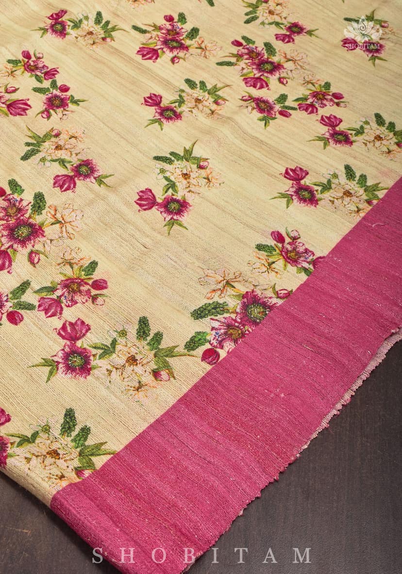 Geecha Raw Tussar Silk Saree with Floral Digital Print in Beige | SILK MARK CERTIFIED view 5