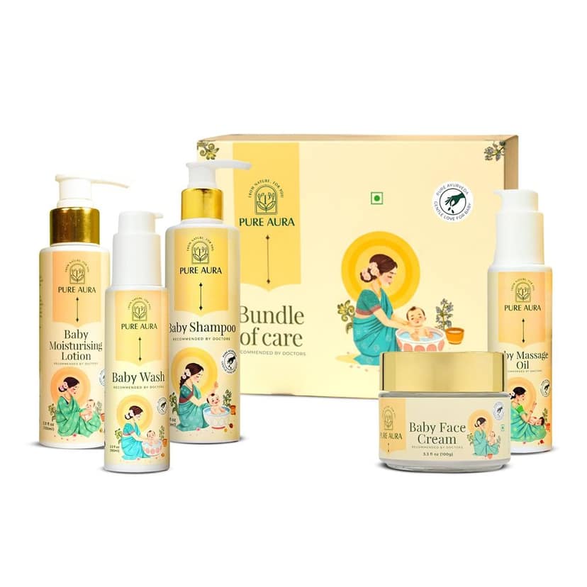 Pure Aura Winter Special Baby Care Kit | Moisturising Lotion + Baby Wash + Shampoo + Face Cream + Massage Oil | Ayurvedic | Chemical-Free | For Soft & Sensitive Skin | Safe for Newborns & Kids | Made in India