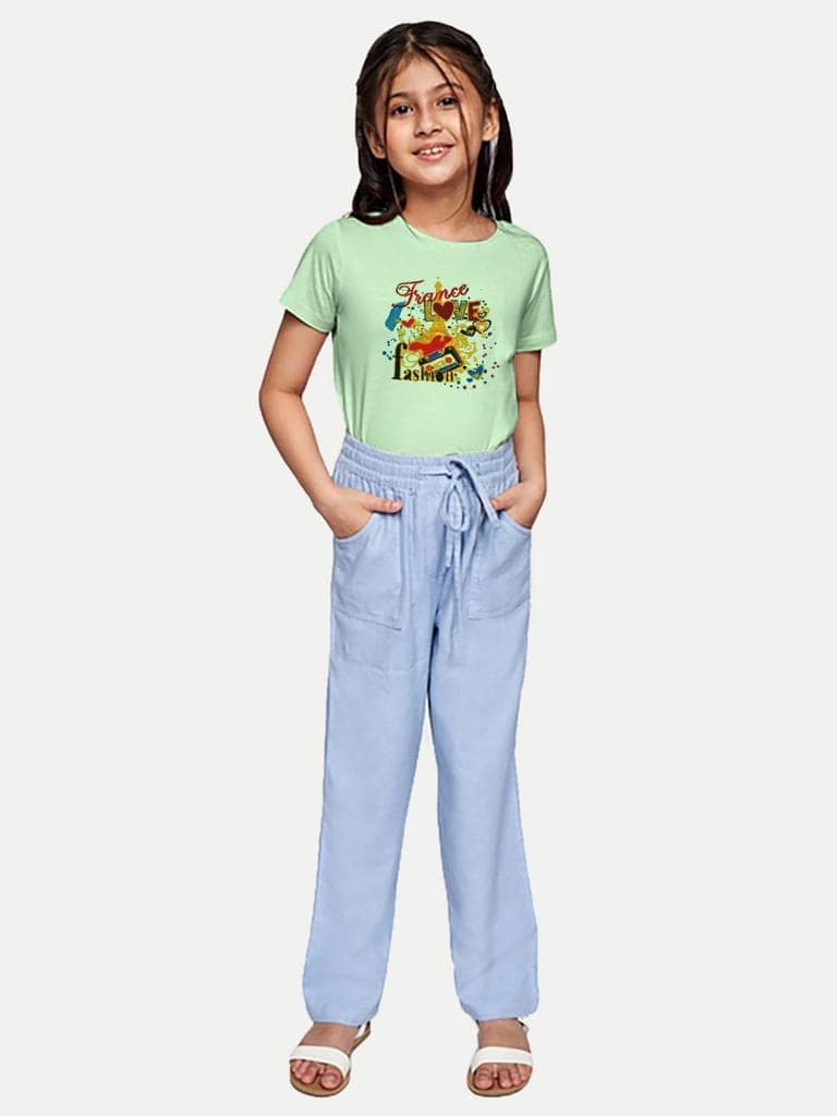 Girls Olive Printed Crew Neck T-shirt with Frill-detail view 4