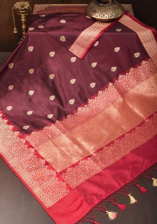 Exquisite Banarasi Katan Silk Saree in Brown with Meenakari Zari Buttis & Borders | SILK MARK CERTIFIED