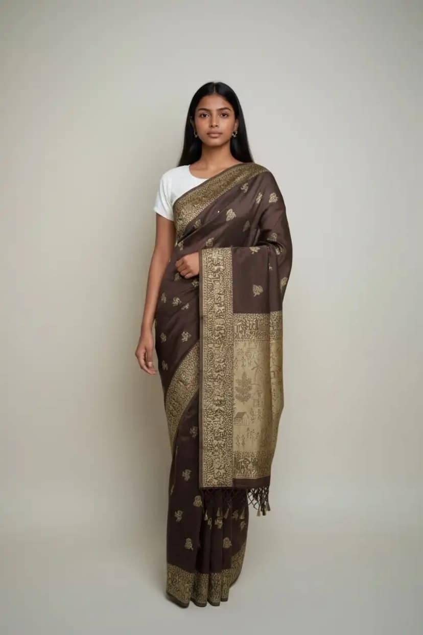 Bomkai Sonepuri Dark Brown Cotton Saree Tribal Village Pallu