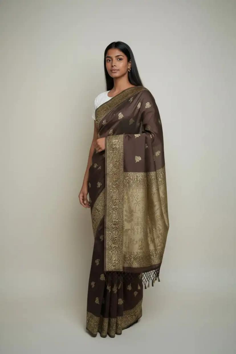 Bomkai Sonepuri Dark Brown Cotton Saree Tribal Village Pallu view 2