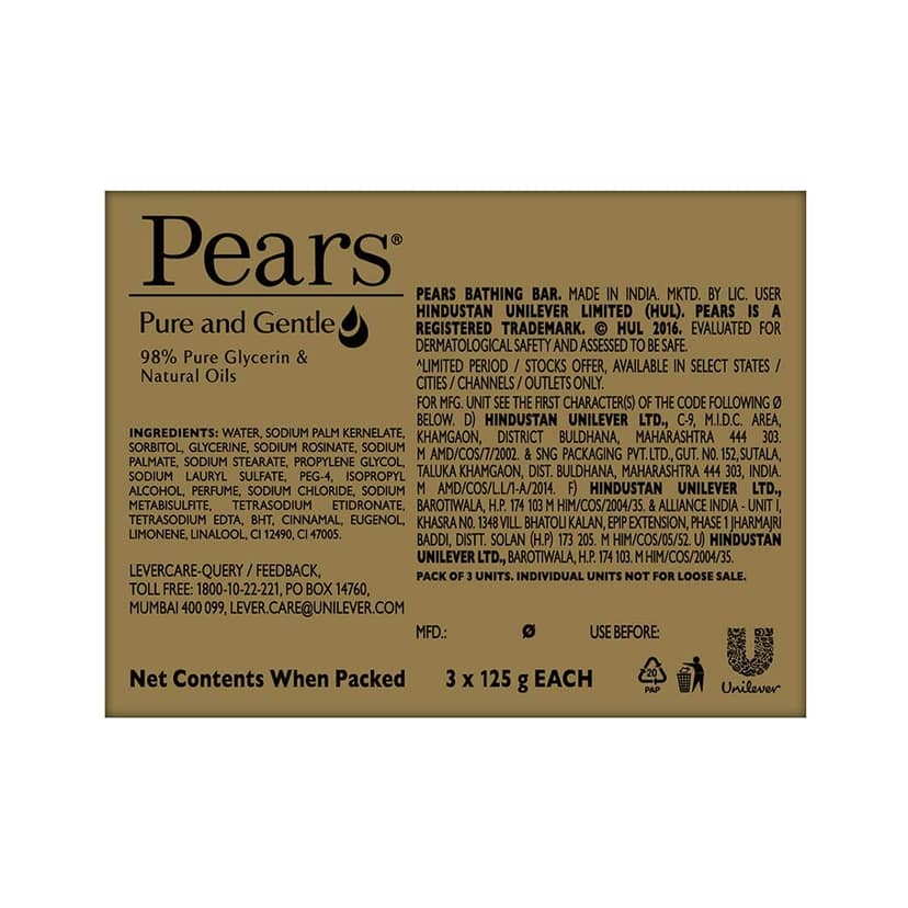 Pears Moisturising Bathing Bar Soap with Glycerine Pure & Gentle For Golden Glow 125g (Pack of 3) view 3