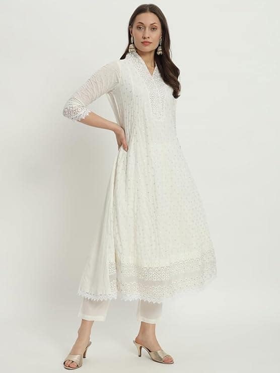 Gulmira Women White Ethnic Embroidered & Mirror Work Kurta with Trousers & Dupatta view 7