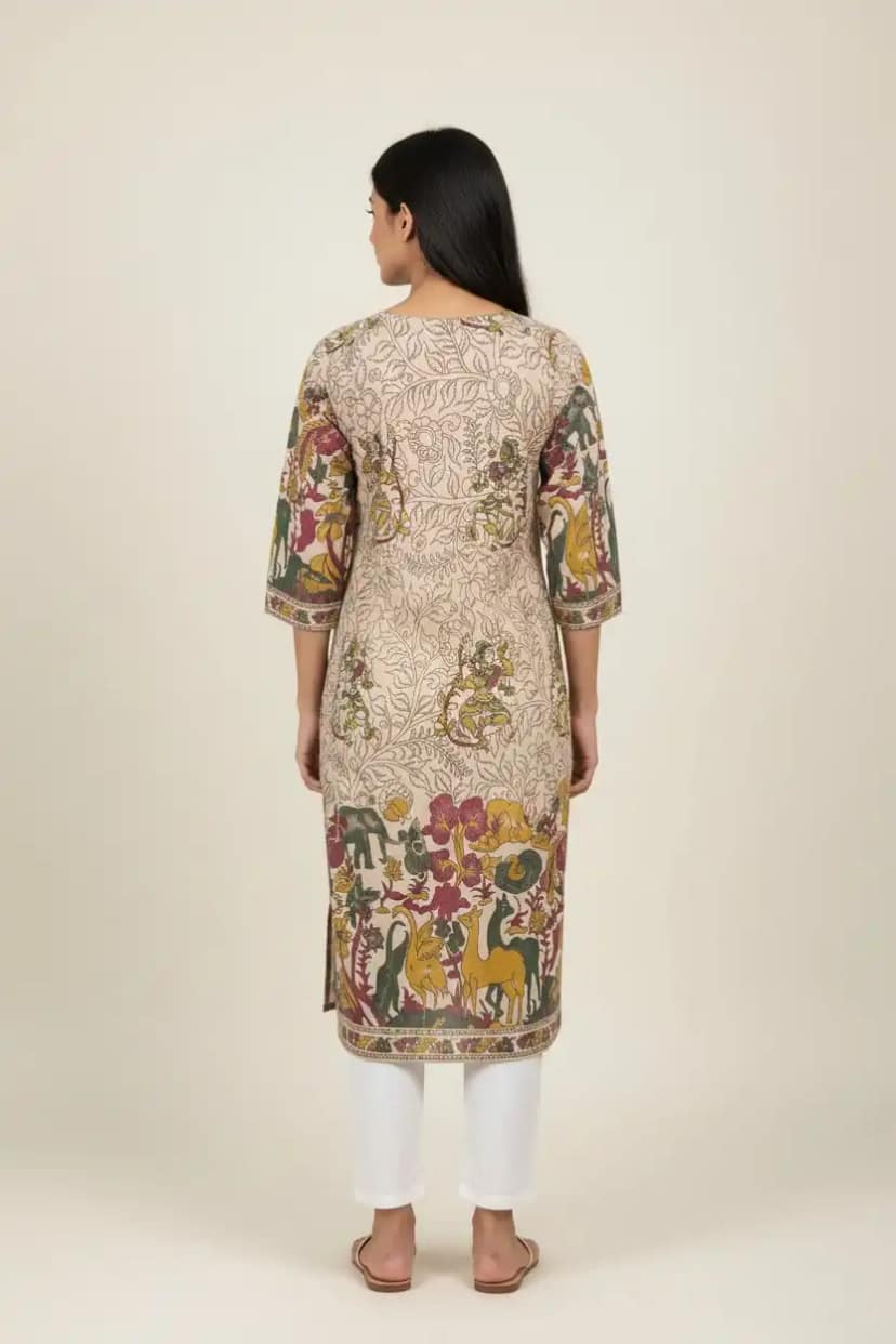Kalamkari Print Cotton Kurti Cream Yellow Green view 2