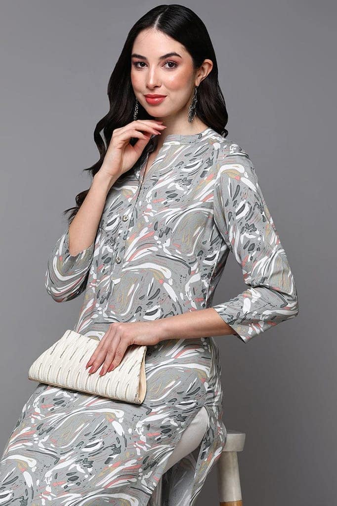 Grey Viscose Rayon Abstract Straight Kurta VCK9502 view 2