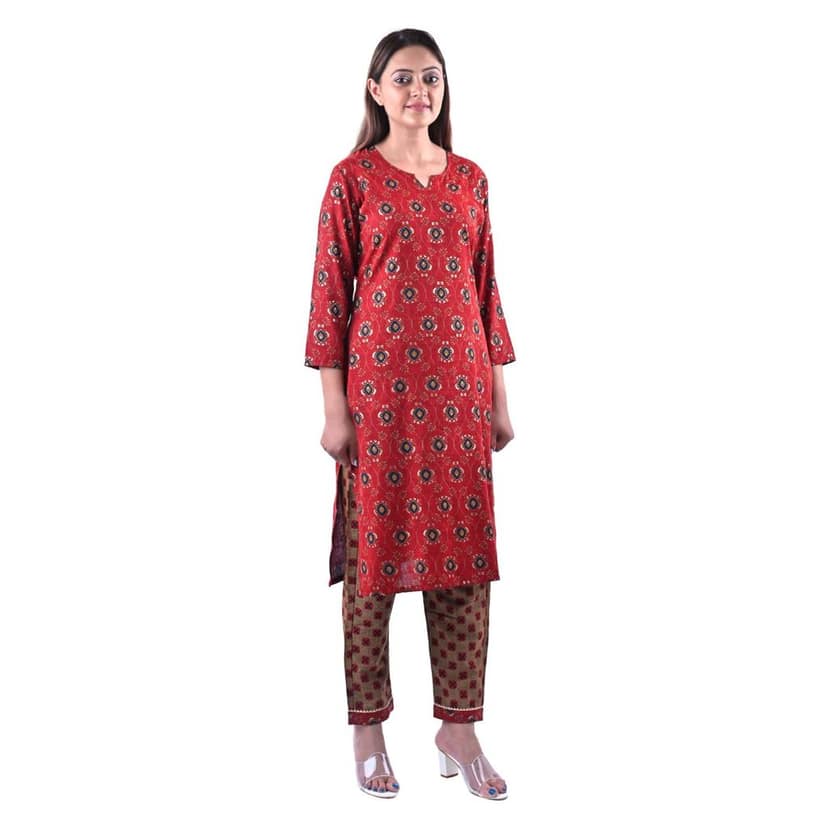 Women's Rayon Cotton Mix Fabric Block Printing and Zari Work Slint Kurti Pant Set Red view 2