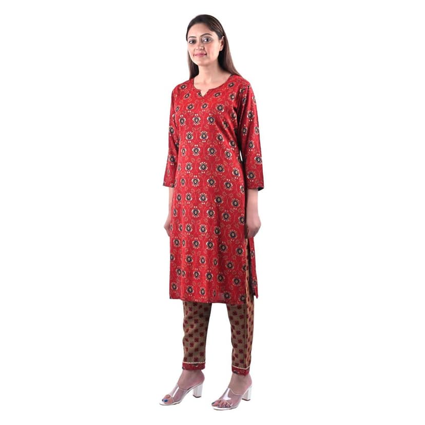 Women's Rayon Cotton Mix Fabric Block Printing and Zari Work Slint Kurti Pant Set Red view 3
