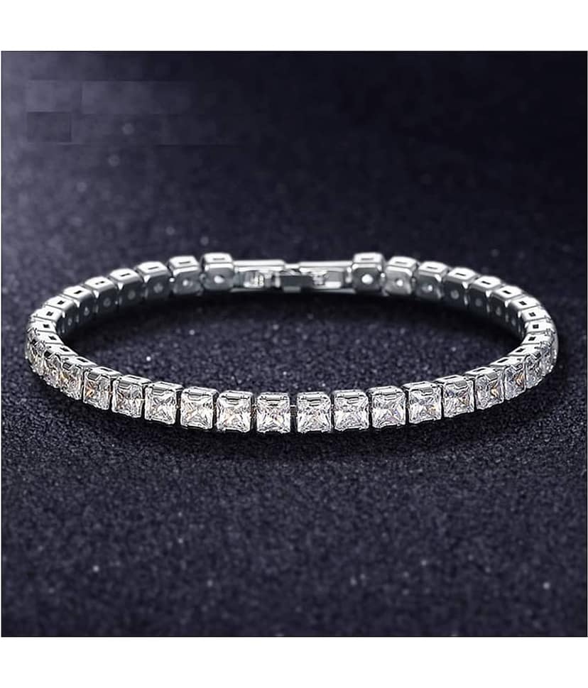 ZIVOM® Luxury Slim Classic Dainty Stylish Princess Cut Cubic Zirconia American Diamond Silver Tennis Bracelet For Women Girls
