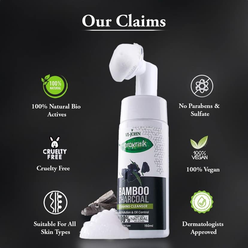 VI-JOHN PRAKRITIK Bamboo Charcoal Foaming , Removes Tan, 100% Natural Bio Actives - 150ml Face Wash (150 ml) view 5