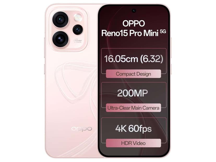 Oppo Reno 15 Pro Mini 5G Smartphone, 12GB RAM, 512GB Storage, Elegant Design - Crystal Pink