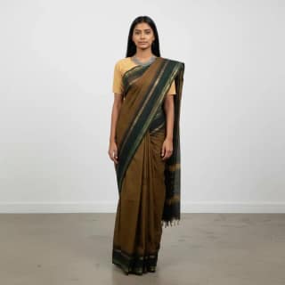 Handwoven Olive Brown Kanchipuram Cotton Saree with Temple Border
