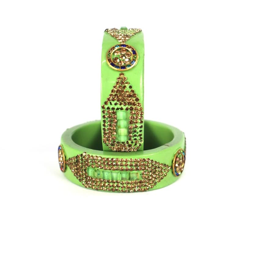 FHS Crystal Work Rajasthani Lac Bangles - Parrot Green view 3