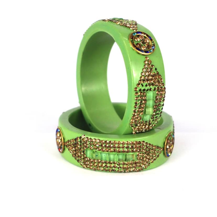FHS Crystal Work Rajasthani Lac Bangles - Parrot Green view 4