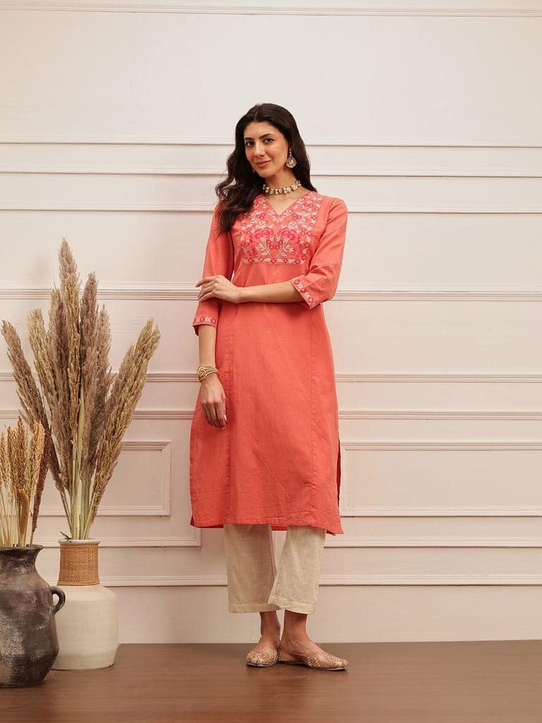 Coral Embroidered Kurta view 3