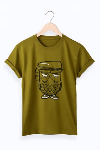 Olive Green Graphic Printed T-Shirt for Men | Cool Owl Design | 100% Cotton Casual Round Neck Half Sleeve Tee