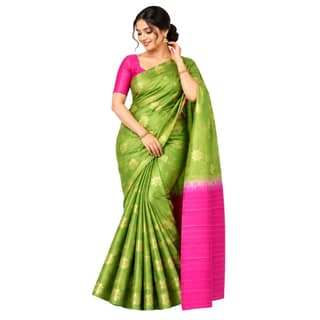 Lime Green and Pink Silk Blend Saree with Woven Designs