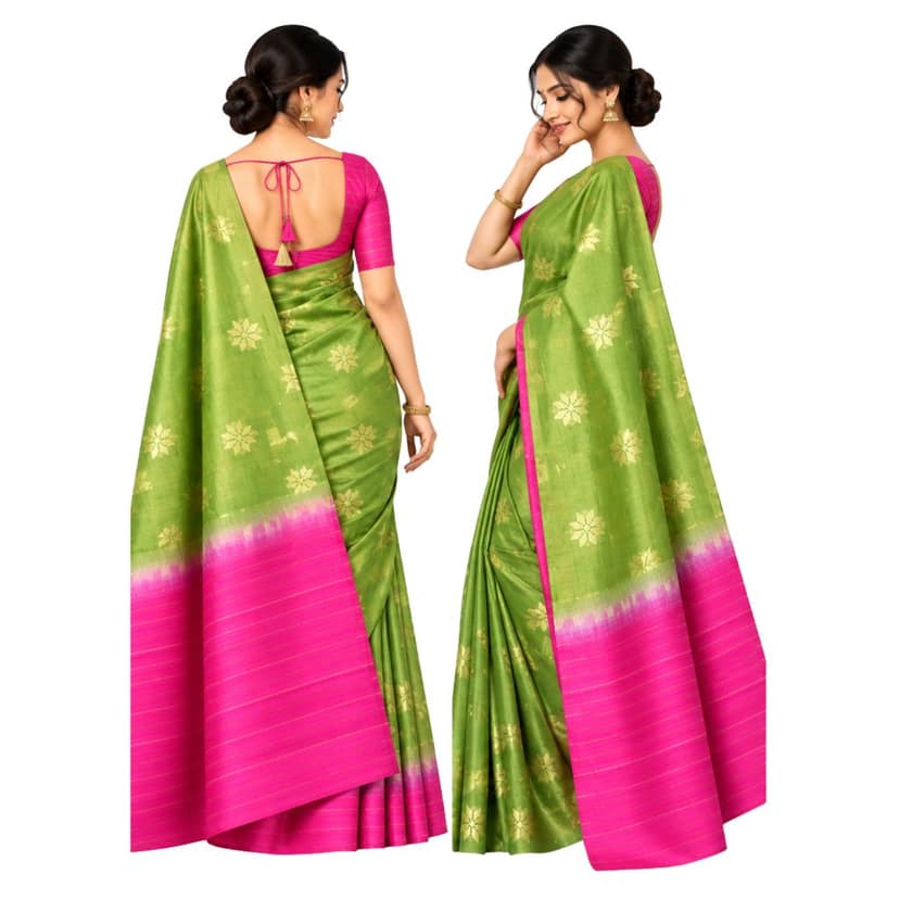 Lime Green and Pink Silk Blend Saree with Woven Designs view 2