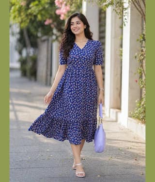 Parnavi Women Cotton Printed Fit & Flare Dress ( Blue )