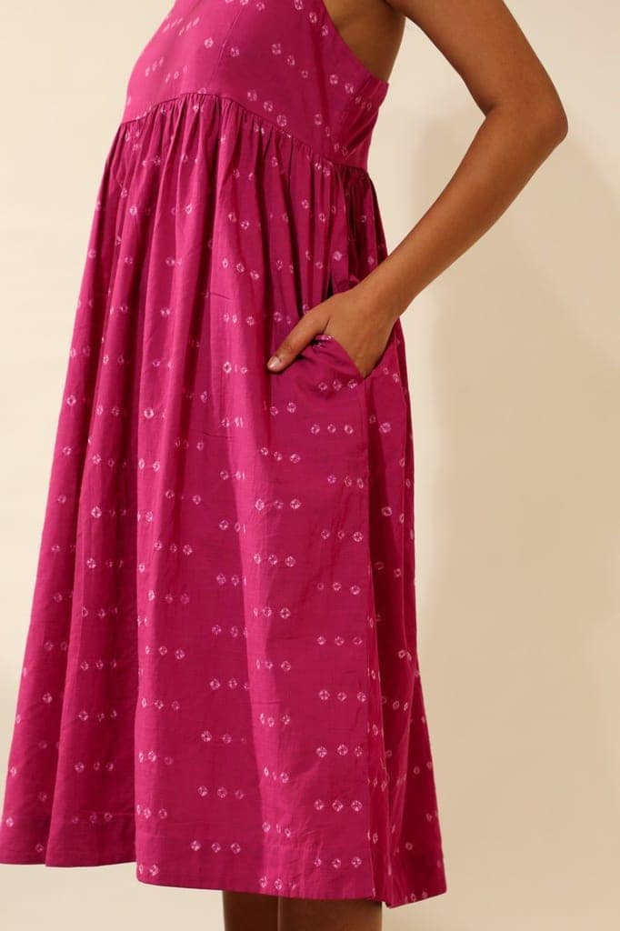 Bandhani Strappy Knee Length Dress In Magenta Pink view 3