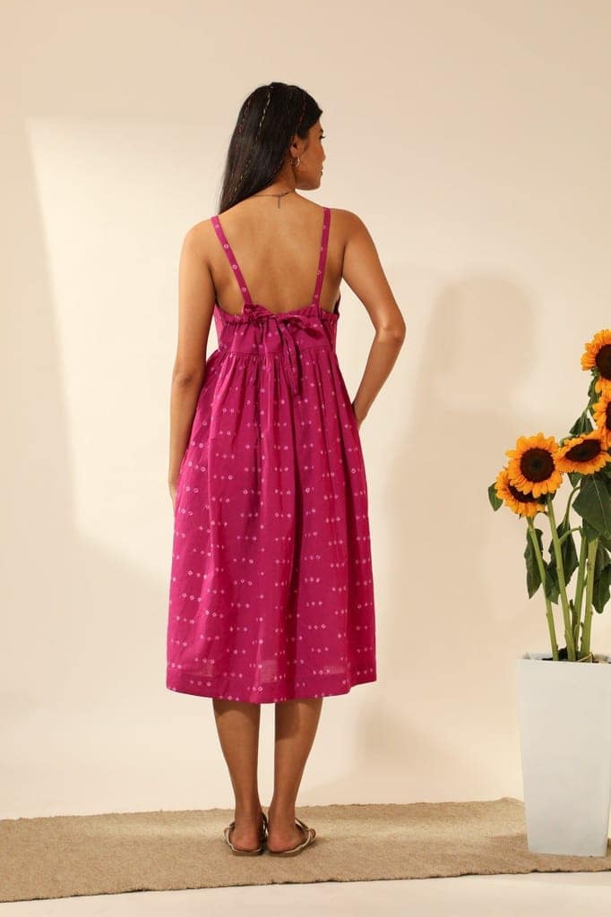 Bandhani Strappy Knee Length Dress In Magenta Pink view 8