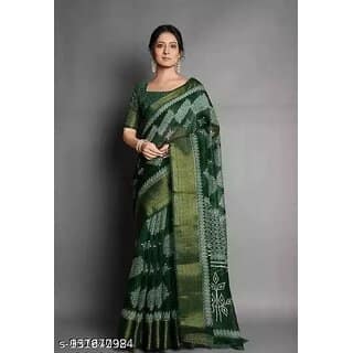 Dark Green Colour Cotton Printed saree With Blouse Piece