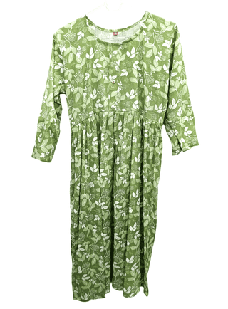 Women's Green Floral Printed Cotton Blend Gathered Long Kurti Dress