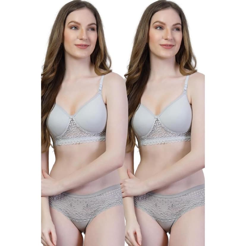 Pack of 2 Cotton Lace Bra Panty Set | Women�s Padded Lingerie Innerwear