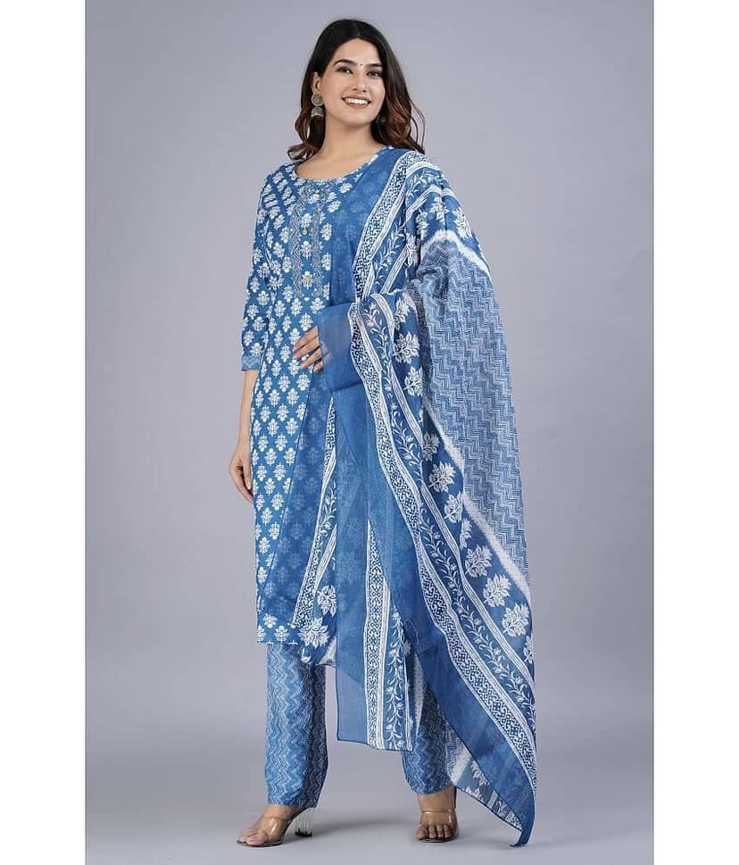 Mishree Collection - Blue Straight Cotton Women's Stitched Salwar Suit ( Pack of 1 )