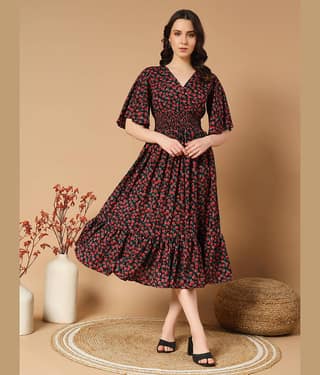 ZWERLON Women Crepe Printed Fit & Flare Dress ( Red )