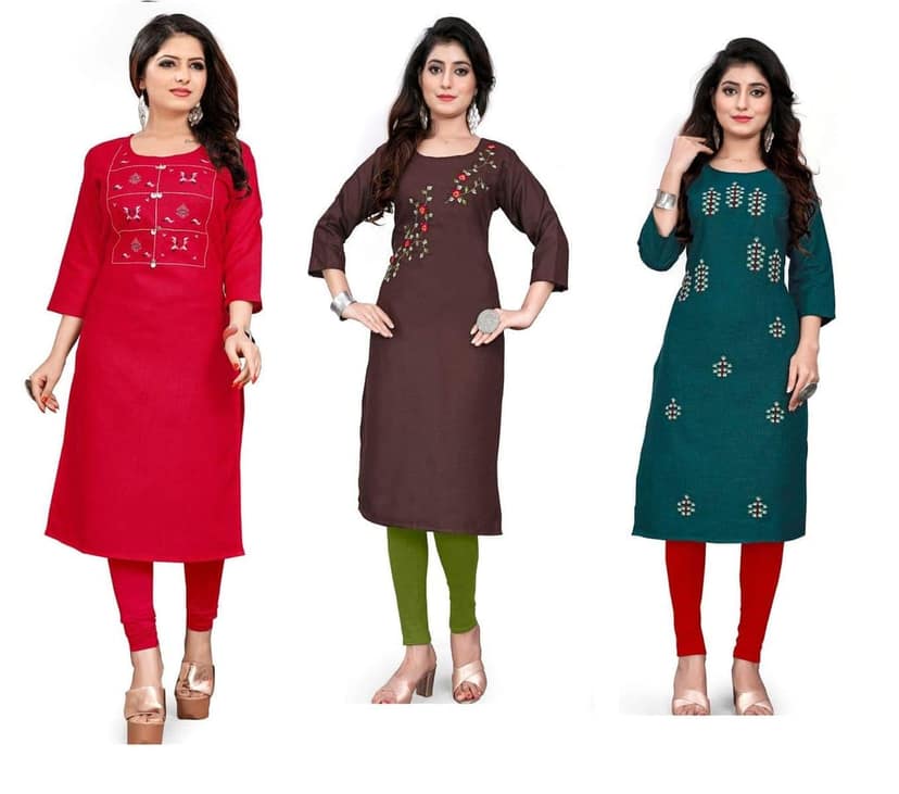 STYLEOO Designer Kurti for Women's on Ruby Slub Combo Pack (Pack of 3) (Red Brown Green, M, L, XL, XXL)