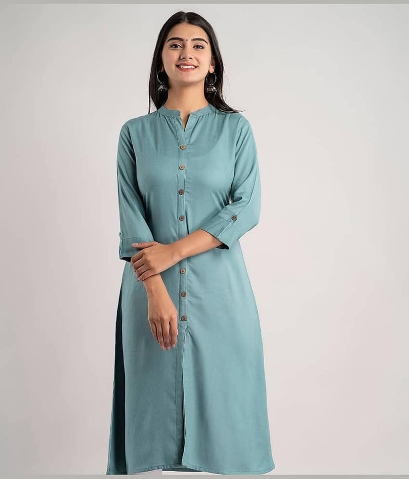MAUKA - Turquoise Rayon Women's Front Slit Kurti ( Pack of 1 )