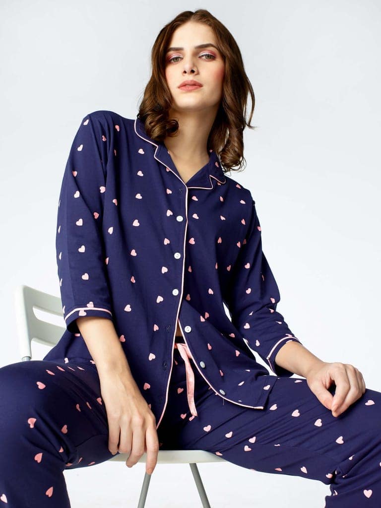 Zeyo Women Green Heart print Stylish Night suit set