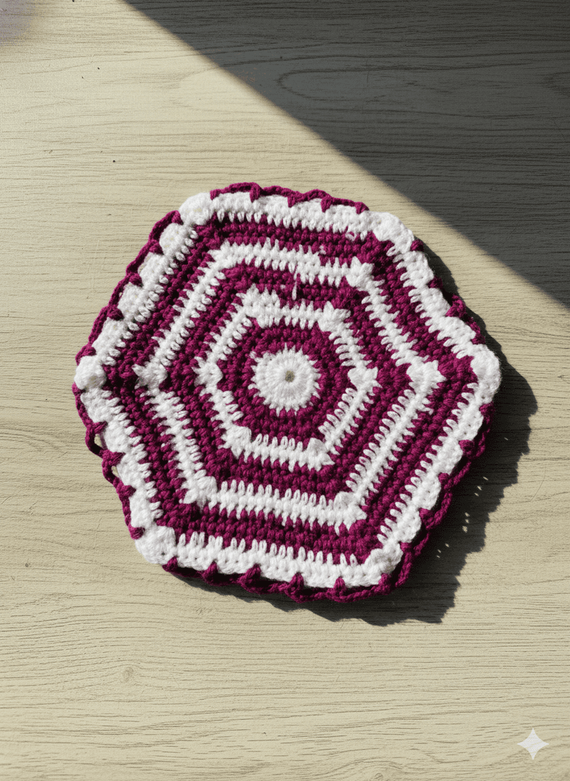 Handcrafted Purple & White Woolen Crochet Thaalposh with Tassel Border – 30×30 cm – 1 Piece view 2