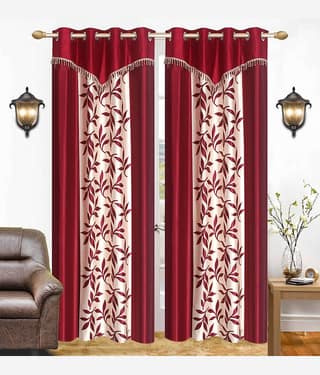 Stella Creations Floral Semi-Transparent Eyelet Curtain 7 ft ( Pack of 2 ) - Purple