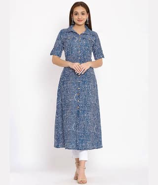 SAART BUNAAI - Blue Cotton Blend Women's Flared Kurti ( Pack of 1 )