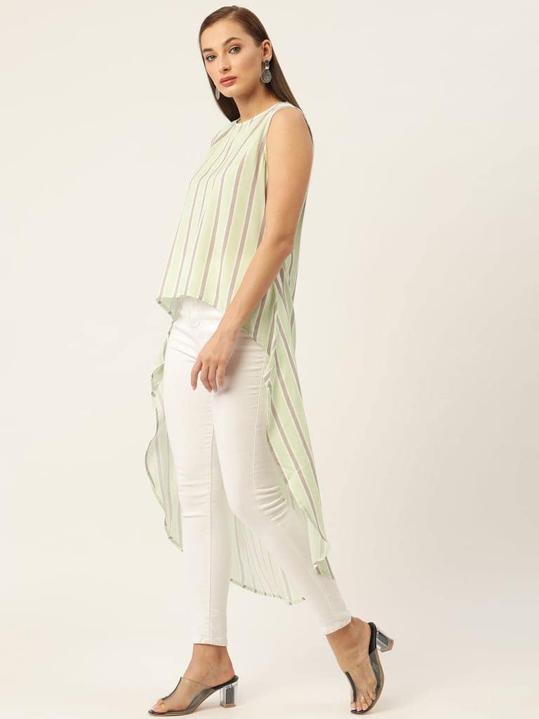 Green & Taupe Striped Crepe High-Low Longline Top view 3
