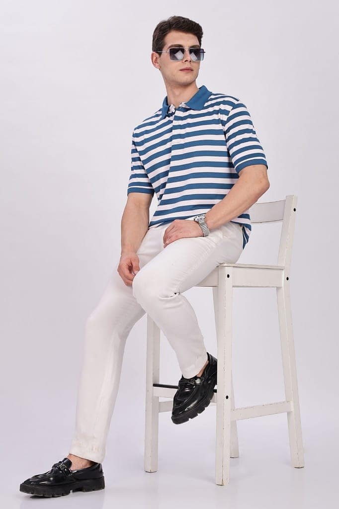 Puff Cotton Blue & White Striped Polo view 3