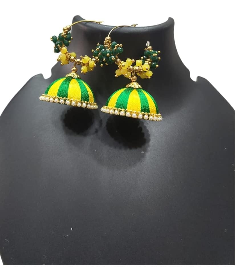 Green and yellow silk thread jhumka earrings with pearl and green beads view 2