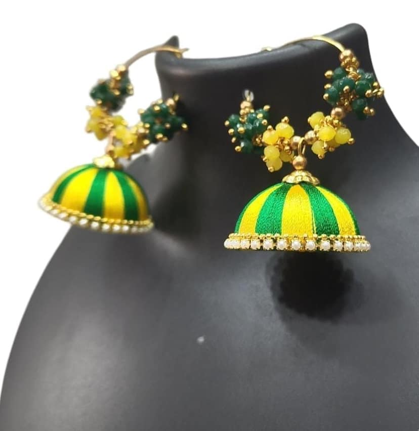 Green and yellow silk thread jhumka earrings with pearl and green beads view 3