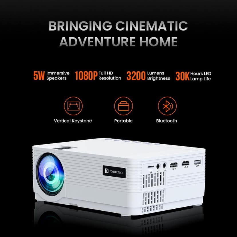 Portronics Beem 420 Led Projector with 3200 Lumens, 1080P Full Hd Native, Upto 250 Inches Display, iOS Screen Mirroring, 5 Watt Bluetooth Speaker(White)