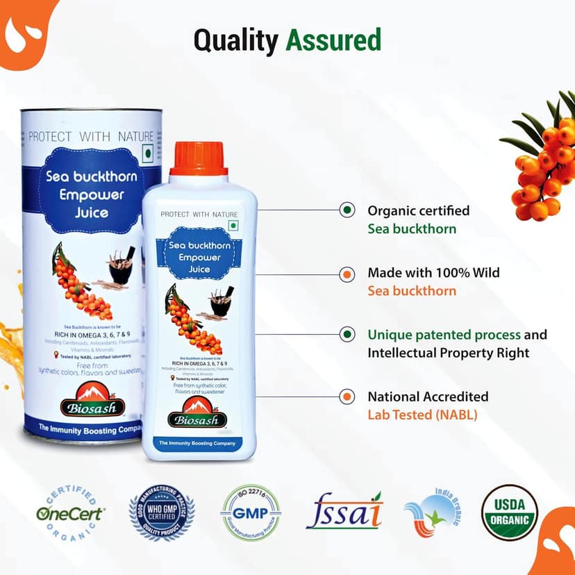 Biosash Himalayan Sea Buckthorn EMPOWER Juice | Certified Organic, Cold-Pressed | Omega 3 6 7 9, Vitamins & Antioxidants | With Ashwagandha, Shatavari, Safed Musli, Kaunch Beej | No Added Sugar | 50 Serves