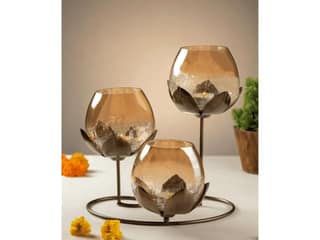 Triple Lotus Candle Holder with 3 Gold Glasses (L)