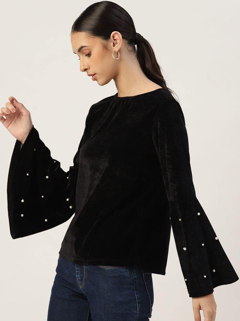 Women Black Velvet Finish Solid Top view 3
