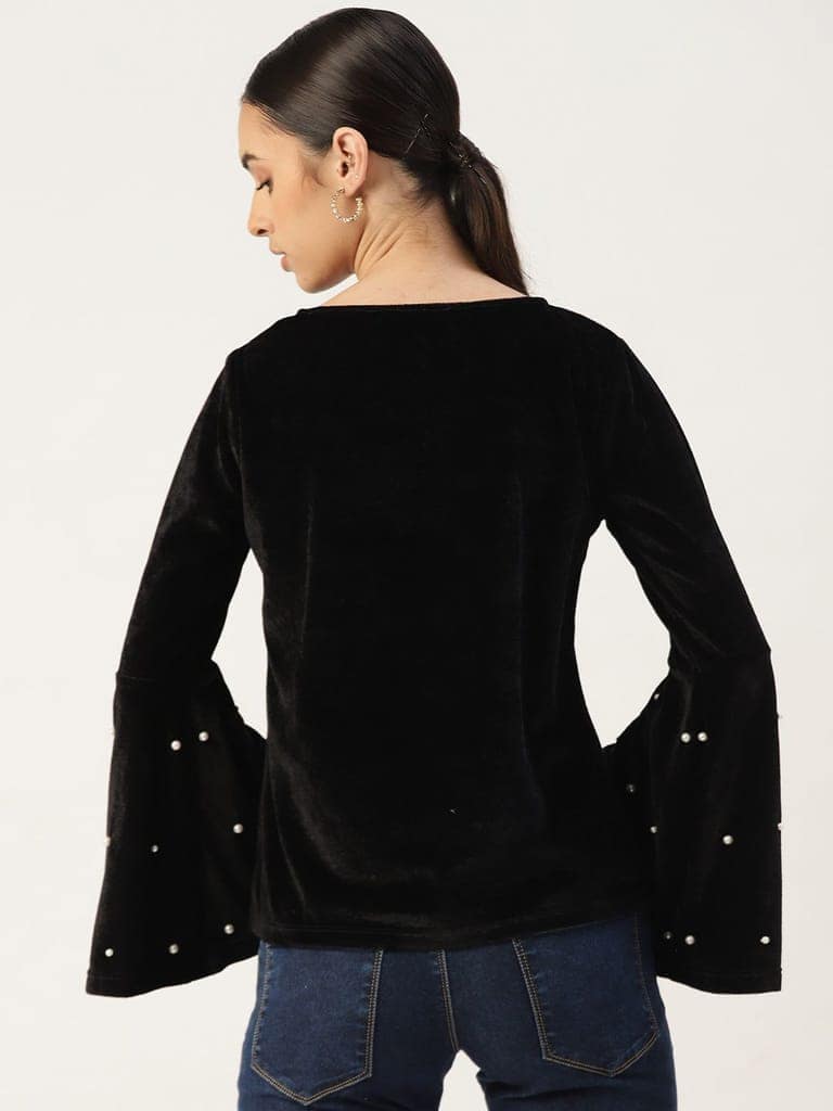 Women Black Velvet Finish Solid Top view 4