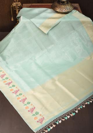 Exquisite Brocade Banarasi Katan Silk Saree in Mint Green with Meenakari Borders | SILK MARK CERTIFIED
