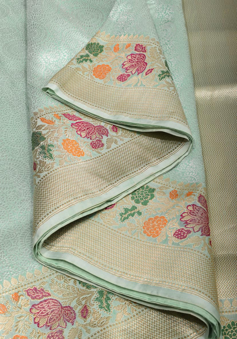 Exquisite Brocade Banarasi Katan Silk Saree in Mint Green with Meenakari Borders | SILK MARK CERTIFIED view 7